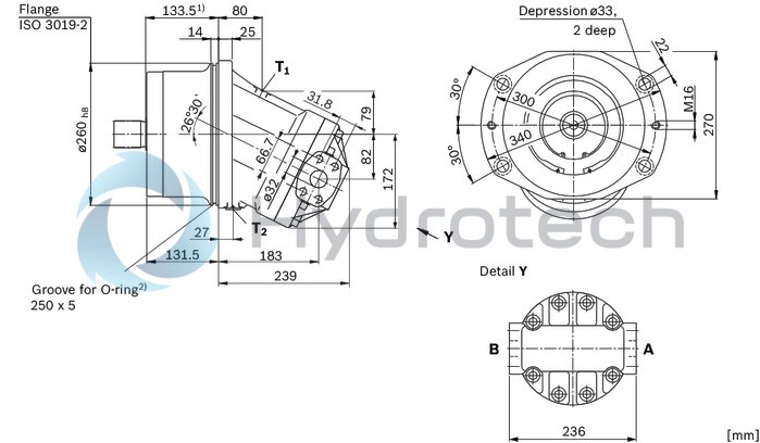technical illustration-R902160744-Space-saving construction due to recessed mounting flange Easy to install, simply slide into the mechanical gearbox High power density Very high total efficiency High starting efficiency Optional with integrated pressure relief valve Optional with mounted addifitonal valve: counterbalance valve (BVD/BVE), flushing and boost-pressure valve Bent-axis design