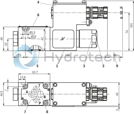 technical illustration-R901270798-3/2- or 4/2-way version For intended use in potentially explosive atmosphere Porting pattern according to ISO&nbsp;4401-03-02-0-05 (but without locating hole) wet-pin DC or AC solenoids Electrical connection with individual connection and cable gland With concealed manual override, optional