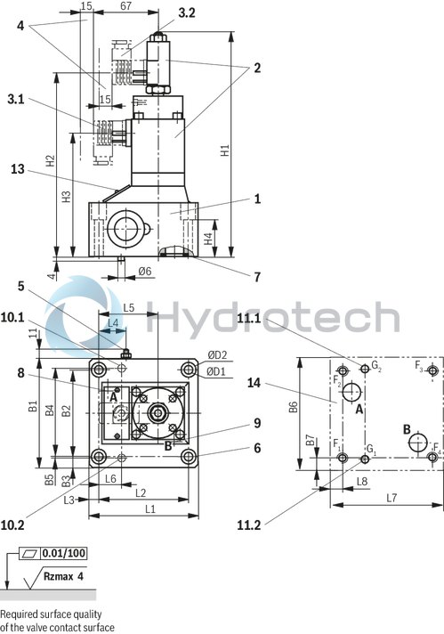 technical illustration-R901105144-Valve with pressure compensator for pressure-compensated controlling of a flow Proportional solenoid operation For subplate mounting: Porting pattern according to ISO 6263 With electrical position control for the metering orifice Axially movable position transducer coil, therefore an easy zero point calibration of the metering orifice is possible without having to interfere with the control electronics (electrical-hydraulic) Low manufacturing tolerance of the valve and electric amplifier and amplifier module Flow control in both directions through rectifier sandwich plate