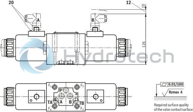 technical illustration-R900503405-4/3-, 4/2- or 3/2-way version High-power solenoid Porting pattern according to ISO&nbsp;4401-05-04-0-05 Wet-pin AC solenoids with detachable coil Solenoid coil is rotatable by 90° The coil can be changed without having to open the pressure-tight chamber Electrical connection as individual connection or central connection Optional auxiliary operating device
