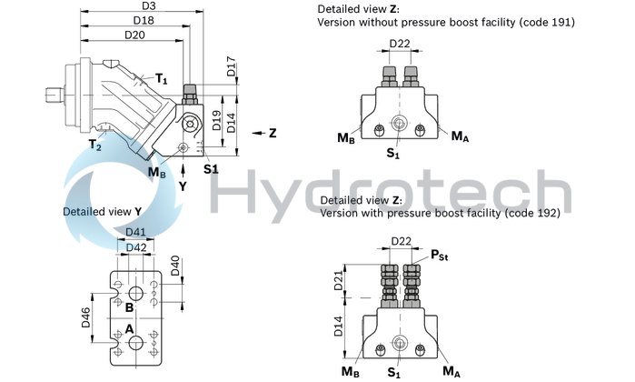 technical illustration-R902160930-Large variety of available nominal sizes allows exact adjustment to the application High power density Very high total efficiency High starting efficiency Working ports SAE flange or thread Optional with integrated pressure relief valve Optional with mounted addifitonal valve: counterbalance valve (BVD/BVE), flushing and boost-pressure valve Bent-axis design
