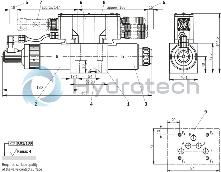 technical illustration-R901202350-Direct operated proportional directional valve with integrated digital control electronics for the pressure, force and flow control (Integrated Axis Controller IAC-P) Completely adjusted unit consisting of valve, pressure sensor(s) (optional), digital control electronics and field bus connection Operation by means of proportional solenoids with central thread and detachable coil Valve control spool, position-controlled Integrated pressure sensor plate (optional) For subplate mounting: Porting pattern according to ISO 4401 Analog interface for command and actual value Design for CAN bus with CANopen protocol DS 408 or Profibus-DP Quick commissioning via PC and WIN-PED 6 commissioning software