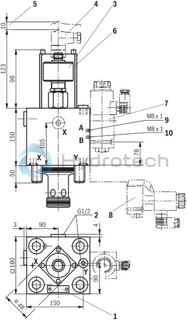 technical illustration-R900940720-Functional product design Modular set-up:&bull; Cartridge valve with various options&bull; Control cover in various variants for realization of selected functions&bull; Electric monitoring of the spool position Power and flow-optimized design:&bull; High flows&bull; Low pressure drops&bull; High switching velocities&bull; Low leakage oil flowsRobust design:&bull; High reliability&bull; Long life cycle Other features:&bull; Small installation size, low weight&bull; Easy to service