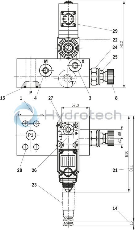 technical illustration-R901253471-Zero-pressure start-up and circulation of the pump Intended for direct mounting onto the SAE pressure port of the pump Low circulation pressure due to short distance Low compression volume for soft switching to depressurized circulation Quick pressure build-up 4 adjustment types for pressure adjustment, optionally<br>
&bull; Rotary knob<br>
&bull; Sleeve with hexagon and protective cap<br>
&bull; Lockable rotary knob with scale<br>
&bull; Rotary knob with scale 5 pressure ratings, optional Low noise level due to direct flange mounting at the pump