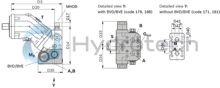 technical illustration-R902160046-Large variety of available nominal sizes allows exact adjustment to the application High power density Very high total efficiency High starting efficiency Working ports SAE flange or thread Optional with integrated pressure relief valve Optional with mounted addifitonal valve: counterbalance valve (BVD/BVE), flushing and boost-pressure valve Bent-axis design