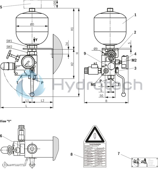 technical illustration-R901301892-Accumulator station with shut-off block Diaphragm type accumulators Shut-off block with integrated shut-off valve, safety valve (type-examination tested) and drain valve Drain valve can be operated manually or optionally electrically Glycerin-filled pressure gauge with red indication of the maximum admissible operating pressure on the dial Console for weld or screw connection Assembly prepared for external equipotential bonding
