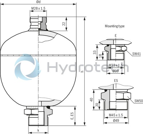 technical illustration-0531610632-Hydraulic accumulator as per Pressure Equipment Directive 97/23/EC Diaphragm material for different applications
