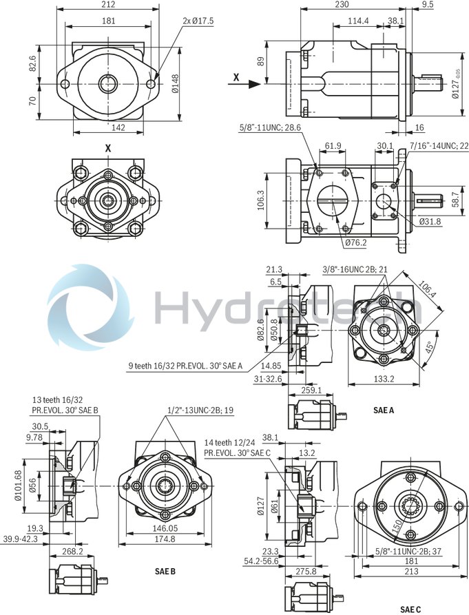 technical illustration-R901490342-Fixed displacement, size 122 cm³, pressure 175 bar, clockwise rotation, 600-1800 rpm, mounting flange SAE-C