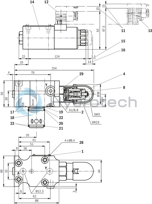 technical illustration-R900941546-For subplate mounting As cartridge valve 4 adjustment types, optionally:<br>
&bull; Rotary knob<br>
&bull; Adjustment spindle with protective cap<br>
&bull; Lockable rotary knob with scale<br>
&bull; Rotary knob with scale 4&nbsp;pressure ratings Solenoid-operated unloading via built-on directional spool valve