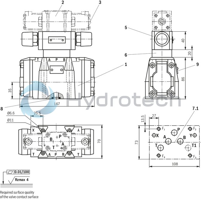 technical illustration-R901407515-Type of actuation: pneumatic-hydraulic For subplate mounting Porting pattern according to ISO&nbsp;4401 Subplates according to data sheets 45054 to 45060 (separate order) Spring centering, spring end position or hydraulic end position Optional auxiliary operating device Switching time adjustment, optional Preload valve in channel P of the main valve, optional Stroke setting at main spool, optional Stroke setting and/or end position control, optional Inductive position switch and proximity sensors (contactless)
