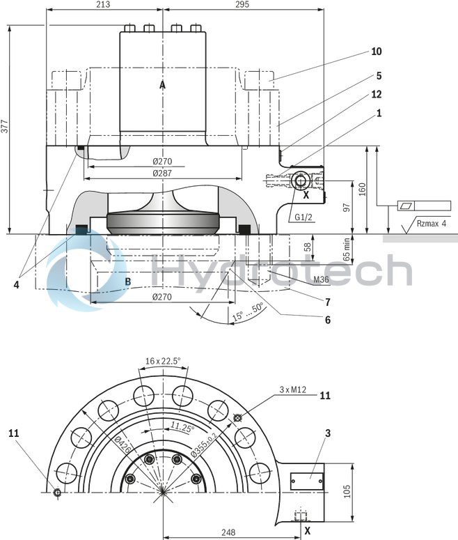 technical illustration-R901090317-Pilot operated check valve in sandwich plate design Directional valve set-up, optional High-pressure connection (NG32 &hellip; 160) Integrated throttle check valve (NG50, 63, 80 and 200)