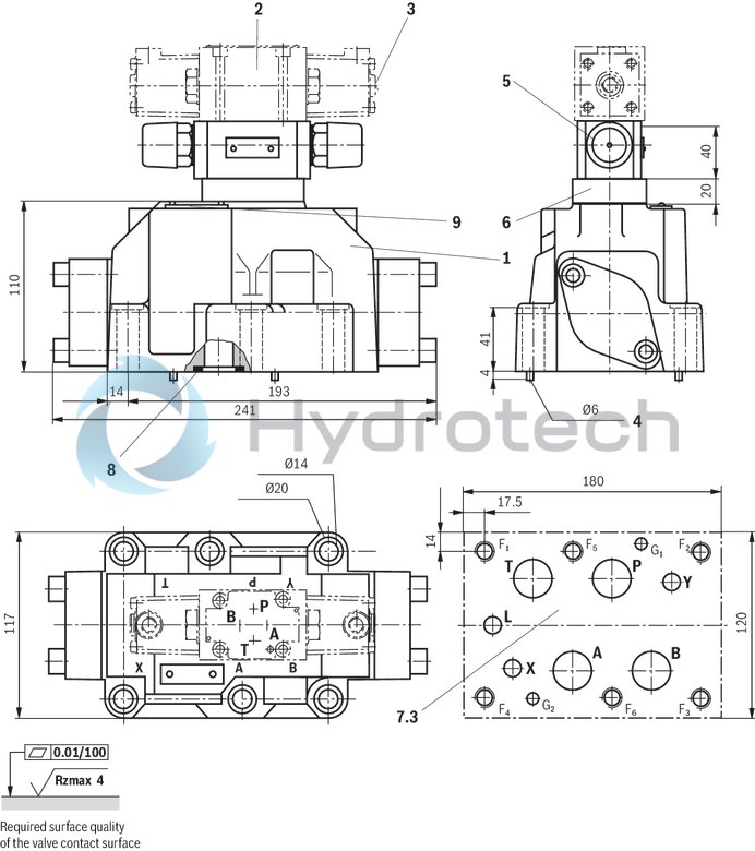 technical illustration-R901407515-Type of actuation: pneumatic-hydraulic For subplate mounting Porting pattern according to ISO&nbsp;4401 Subplates according to data sheets 45054 to 45060 (separate order) Spring centering, spring end position or hydraulic end position Optional auxiliary operating device Switching time adjustment, optional Preload valve in channel P of the main valve, optional Stroke setting at main spool, optional Stroke setting and/or end position control, optional Inductive position switch and proximity sensors (contactless)