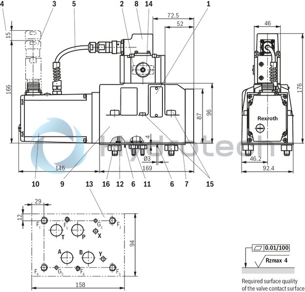 technical illustration-R901159344-Valve to control position, force, pressure or velocity 3-stage servo valve with electrical position control of the control spool of the 3rd stage, position sensing of the control spool by means of an inductive position transducer 2-stage pilot control valve of size 6 with high dynamics 1st stage nozzle/flapper plate amplifier Filter for 1st stage freely accessible and replaceable from the outside For subplate mounting: Porting pattern according to ISO 4401 Can also be used as 3-way version Valve and integrated control electronics are adjusted and tested Optimized valve control loop High response sensitivity, very low hysteresis and zero point drift Internal or external pilot oil supply and pilot oil return available Gap seals at pressure chambers of the control sleeve, no O-ring wear