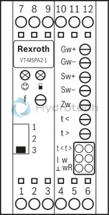 technical illustration-R901010980-Differential input for voltage Ramp generator with separately adjustable ramp times "up/down" Adjustable zero point and sensitivity Adjustable step level Clocked power output stage Enable input LED displays for various operating states Reverse polarity protection for the operating voltage