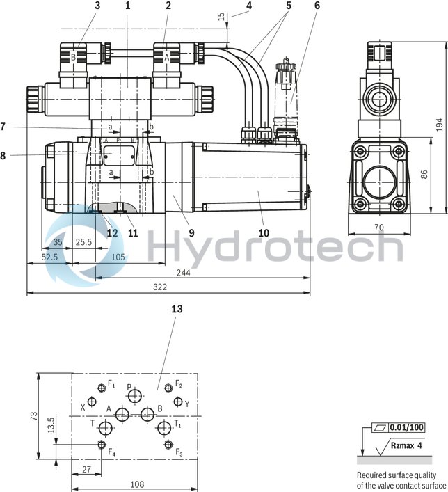 technical illustration-R900727476-Pilot-operated 2-stage proportional directional valves with electrical position feedback of the main control spool and integrated electronics (OBE) Control of flow direction and size Proportional solenoid operation For subplate mounting: Porting pattern according to ISO 4401 Electrical position feedback Spring-centered main control spool Pilot control valve: single-stage proportional directional valve Main stage with position control
