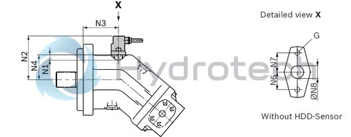 technical illustration-R902160046-Large variety of available nominal sizes allows exact adjustment to the application High power density Very high total efficiency High starting efficiency Working ports SAE flange or thread Optional with integrated pressure relief valve Optional with mounted addifitonal valve: counterbalance valve (BVD/BVE), flushing and boost-pressure valve Bent-axis design