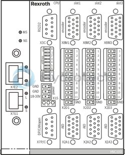 technical illustration-R901134616-For controlling 1 to 4 axes NC programming WinPed 7 operating software<br>
Not released for Windows 10! CE conformity according to EMC directive 2004/108/EC Freely configurable controller variants<br>
- Position control<br>
- Force control<br>
- Pressure control<br>
- Alternating position/pressure or position/force controls<br>
- Velocity control<br>
- Path-dependent decelerating<br>
- Synchronism (master/slave or mean principle) Bus connection (Sercos, PROFINET RT, EtherNet/IP) Actual value detection<br>
- Positional transducer: Incremental<br>
- Positional transducer: Absolute (SSI)<br>
‑ Analog 0 to &plusmn;10 V and 0 (4) to 20 mA Actuating variable output: voltage or current Service interface: RS232, optional TCP/IP