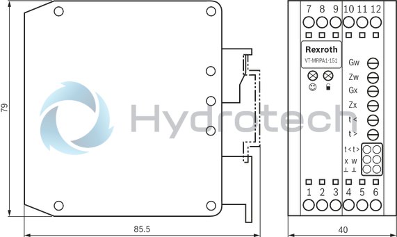 technical illustration-R901080966-Differential input for voltage Ramp generator with separately adjustable ramp times "up/down" Adjustable zero point and sensitivity Enable input Cable break detection for actual value cable Reverse polarity protection for the operating voltage LED displays for ready for operation and enable
