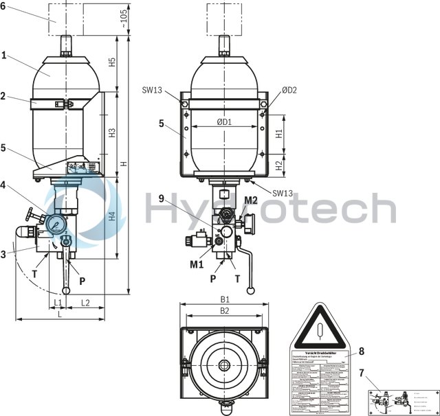 technical illustration-R901488640-Accumulator station with shut-off block Bladder-type accumulators Shut-off block with integrated shut-off valve, safety valve (type-examination tested) and drain valve Drain valve can be operated manually or optionally electrically Glycerin-filled pressure gauge with red indication of the maximum admissible operating pressure on the dial Console for weld or screw connection Assembly prepared for external equipotential bonding