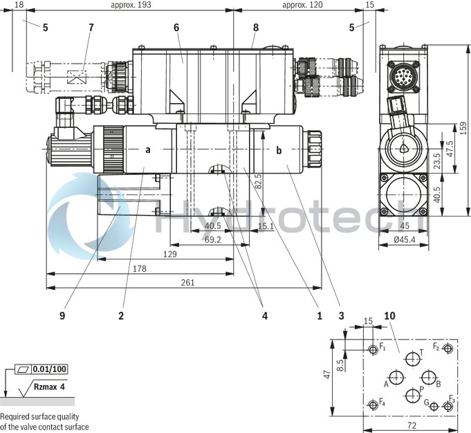 technical illustration-R901202350-Direct operated proportional directional valve with integrated digital control electronics for the pressure, force and flow control (Integrated Axis Controller IAC-P) Completely adjusted unit consisting of valve, pressure sensor(s) (optional), digital control electronics and field bus connection Operation by means of proportional solenoids with central thread and detachable coil Valve control spool, position-controlled Integrated pressure sensor plate (optional) For subplate mounting: Porting pattern according to ISO 4401 Analog interface for command and actual value Design for CAN bus with CANopen protocol DS 408 or Profibus-DP Quick commissioning via PC and WIN-PED 6 commissioning software