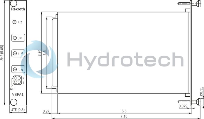 technical illustration-R978918205-Differential input, switchable from voltage to current input Additional non-isolated command value input Ramp generator, separately adjustable for upwards and downwards direction Cable break detection for current input 4 to 20&nbsp;mA Reverse polarity protection for the operating voltage Short-circuit protection and cable break detection of the solenoid conductor "Ready for operation" message Clocked power output stage