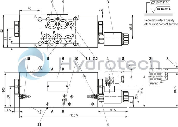 technical illustration-R901325334-Sandwich plate valve Electro-hydraulic actuation Porting pattern according to ISO&nbsp;4401-05-05-0-05 (NG10) and ISO&nbsp;4401-07-07-0-05 (NG16) Wet-pin DC solenoid Pilot oil supply, internal or external, optional Different combinations of the locking and pass-through functions With manual override, optional Electrical connection as individual connection