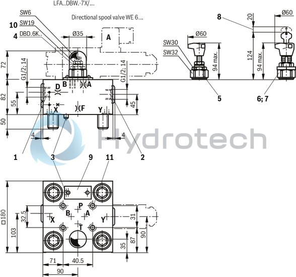 technical illustration-R900912804-Size 16, manual maximum pressure adjustment that can be switched off, with installation surface ISO4401