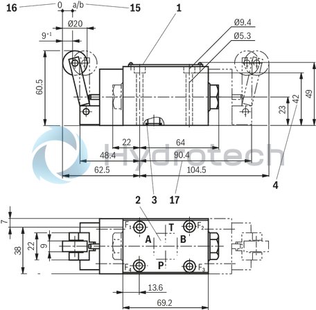 technical illustration-R901139843-4/3-, 4/2- or 3/2-way version Porting pattern according to DIN&nbsp;24340 form A (without locating hole) Porting pattern according to ISO&nbsp;4401-03-02-0-05 (with locating hole) Type of actuation: Roller plunger Inductive position switch and proximity sensors (contactless)