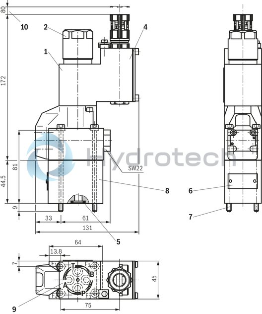 technical illustration-R901067845-2/2-, 3/2- or 4/2-way version For intended use in potentially explosive atmosphere Porting pattern according to ISO&nbsp;4401-03-02-0-05 (but without locating hole) Safe switching also with longer standstill periods under pressure Air-gap DC and AC solenoids Solenoid coil is rotatable by 90&deg; Electrical connection with individual connection and cable gland With concealed manual override, optional