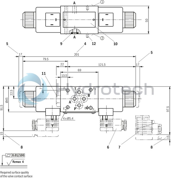 technical illustration-R900945999-Direct-controlled directional slide valve with solenoid actuation Sandwich plate valve As stop straight-through valve or stop straight-through short circuit valve Porting pattern according to DIN&nbsp;24340 form&nbsp;A (without locating hole), (standard) Porting pattern according to ISO&nbsp;4401-03-02-0-05 (with locating hole) Wet-pin AC or DC solenoids Manual override, optional
