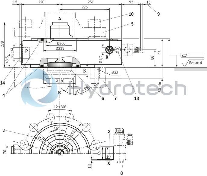 technical illustration-R901090317-Pilot operated check valve in sandwich plate design Directional valve set-up, optional High-pressure connection (NG32 &hellip; 160) Integrated throttle check valve (NG50, 63, 80 and 200)