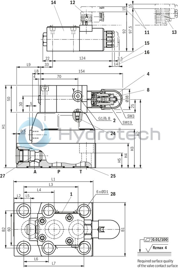 technical illustration-R900941546-For subplate mounting As cartridge valve 4 adjustment types, optionally:<br>
&bull; Rotary knob<br>
&bull; Adjustment spindle with protective cap<br>
&bull; Lockable rotary knob with scale<br>
&bull; Rotary knob with scale 4&nbsp;pressure ratings Solenoid-operated unloading via built-on directional spool valve