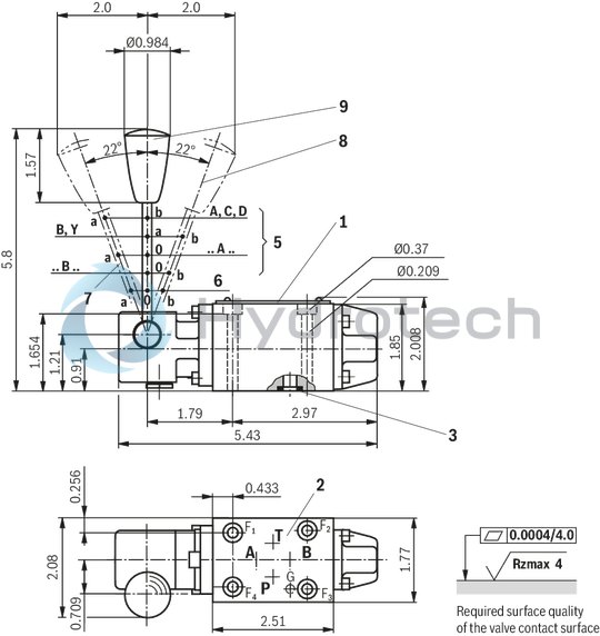technical illustration-R900479281-4/3-, 4/2- or 3/2-way version Porting pattern according to DIN&nbsp;24340 form A (without locating hole) Porting pattern according to ISO&nbsp;4401-03-02-0-05 (with locating hole) Type of actuation: hand lever Inductive position switch and proximity sensors (contactless)