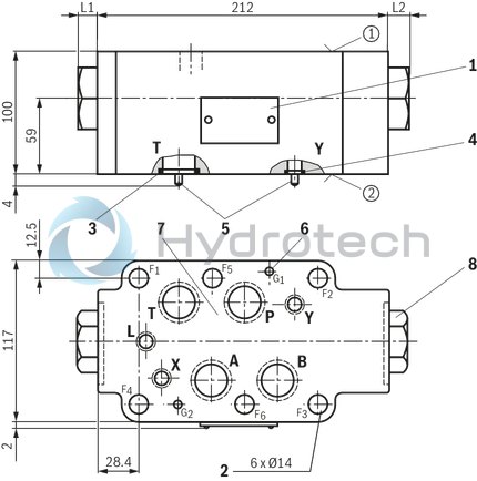 technical illustration-R900589414-Sandwich plate valve for use in vertical stackings Porting pattern according to ISO&nbsp;4401-08-08-0-05 For the leakage-free blocking of one or two actuator ports, optional Various cracking pressures Pre-opening standard Check valve installation sets available individually Special versions on request