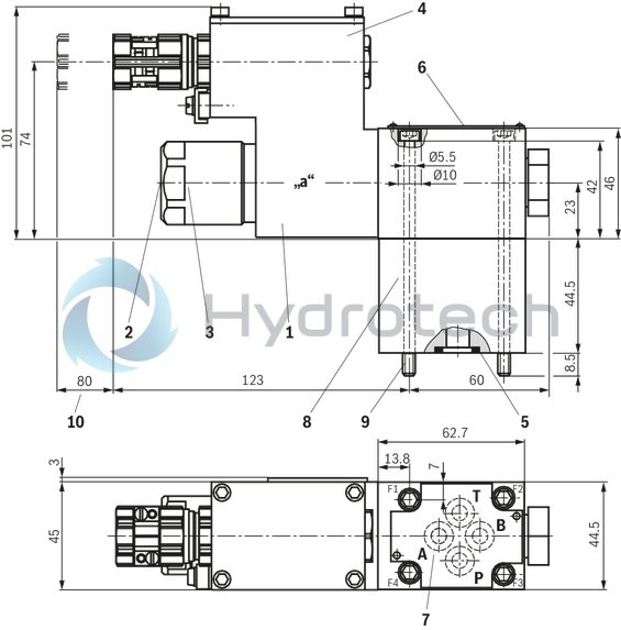 technical illustration-R901270798-3/2- or 4/2-way version For intended use in potentially explosive atmosphere Porting pattern according to ISO&nbsp;4401-03-02-0-05 (but without locating hole) wet-pin DC or AC solenoids Electrical connection with individual connection and cable gland With concealed manual override, optional