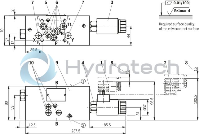 technical illustration-R901325334-Sandwich plate valve Electro-hydraulic actuation Porting pattern according to ISO&nbsp;4401-05-05-0-05 (NG10) and ISO&nbsp;4401-07-07-0-05 (NG16) Wet-pin DC solenoid Pilot oil supply, internal or external, optional Different combinations of the locking and pass-through functions With manual override, optional Electrical connection as individual connection