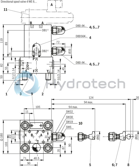 technical illustration-R901091611-Size 63, manual pressure adjustment, triple, switchable, with mounting surface ISO4401