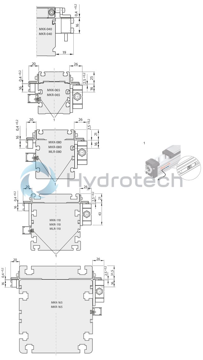 technical illustration-R039013001-Protection of the guideway and drive components by sealing strip (excluding MKK-165) Idler (non-drive) end enclosure: with integrated belt-tensioning system. The belt pulley system is equipped with ball bearings that have lifelong lubrication The Rexroth Ball Rail System features one-point lubrication from both sides; one-point lubrication is only suitable for grease lubrication with a manual grease gun Individual lubrication versions for connection to one-point lubrication systems (only for product generation 3) Attachments are fastened to the carriage using T-slots or threaded holes Ball Guide Rail with corrosion-resistant coating, Ball Runner Block made of corrosion-resistant steel (only for product generation 3) Absolute position measuring system IMS-A directly integrated into the guide system (for MKR-080 and MKR-110, product generation 3) With planetary gearbox with various gear ratios and versions for optimizing external load to motor inertia. Servo motor with multi-turn encoder, 1-cable or 2-cable connection, with or without holding brake Magnetic field sensors can be mounted without additional attachments directly onto the profile body (only for product generation&nbsp;3) Switch (proximity or mechanical), cable duct, socket-plug and extension cable Extensive accessories for connection and clamping elements and connecting shafts Nameplate with technical parameters for easy start-up