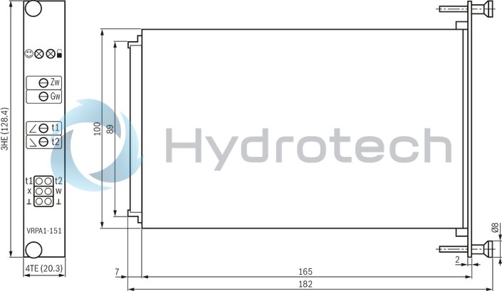 technical illustration-R901057060-Differential input, switchable from voltage to current input Two non-isolated command value inputs Enable input and "ramp off" input Amplitude, zero point and adjustable ramp time Reverse polarity protection for the operating voltage Outputs for command value and actual value LED display for "ready for operation"
