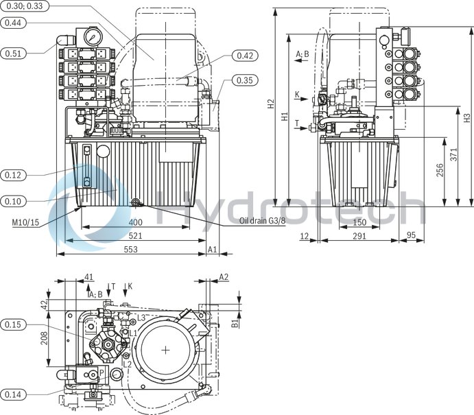 technical illustration-R919101941-Stable aluminum tank Modular design Compact power unit design Individual adaptation possible Versatile possible applications Additional options possible Clear, maintenance-friendly arrangement
