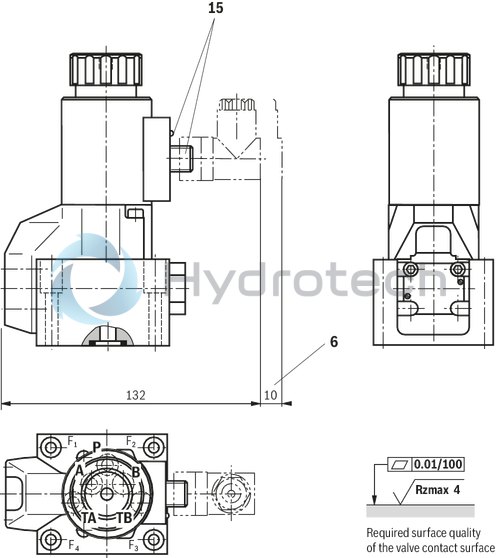 technical illustration-R900059158-Direct operated directional seat valve with solenoid actuation Porting pattern according to ISO&nbsp;4401-05-04-0-05 Blocked port is leak-free closed Reliable switching when under pressure over longer periods of standstill Air-gap DC solenoids with detachable coil (AC voltage possible by means of a rectifier) Solenoid coil is rotatable by 90&deg; Electrical connection as individual connection With concealed manual override, optional Inductive position switch (contactless), optional