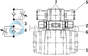 technical illustration-R901407515-Type of actuation: pneumatic-hydraulic For subplate mounting Porting pattern according to ISO&nbsp;4401 Subplates according to data sheets 45054 to 45060 (separate order) Spring centering, spring end position or hydraulic end position Optional auxiliary operating device Switching time adjustment, optional Preload valve in channel P of the main valve, optional Stroke setting at main spool, optional Stroke setting and/or end position control, optional Inductive position switch and proximity sensors (contactless)