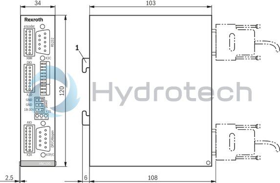 technical illustration-R901134616-For controlling 1 to 4 axes NC programming WinPed 7 operating software<br>
Not released for Windows 10! CE conformity according to EMC directive 2004/108/EC Freely configurable controller variants<br>
- Position control<br>
- Force control<br>
- Pressure control<br>
- Alternating position/pressure or position/force controls<br>
- Velocity control<br>
- Path-dependent decelerating<br>
- Synchronism (master/slave or mean principle) Bus connection (Sercos, PROFINET RT, EtherNet/IP) Actual value detection<br>
- Positional transducer: Incremental<br>
- Positional transducer: Absolute (SSI)<br>
‑ Analog 0 to &plusmn;10 V and 0 (4) to 20 mA Actuating variable output: voltage or current Service interface: RS232, optional TCP/IP