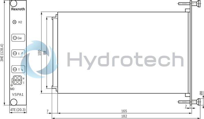 technical illustration-R978918205-Differential input, switchable from voltage to current input Additional non-isolated command value input Ramp generator, separately adjustable for upwards and downwards direction Cable break detection for current input 4 to 20&nbsp;mA Reverse polarity protection for the operating voltage Short-circuit protection and cable break detection of the solenoid conductor "Ready for operation" message Clocked power output stage
