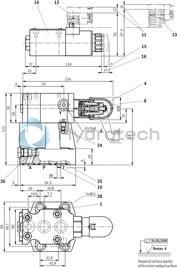 technical illustration-R900941546-For subplate mounting As cartridge valve 4 adjustment types, optionally:<br>
&bull; Rotary knob<br>
&bull; Adjustment spindle with protective cap<br>
&bull; Lockable rotary knob with scale<br>
&bull; Rotary knob with scale 4&nbsp;pressure ratings Solenoid-operated unloading via built-on directional spool valve