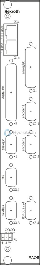 technical illustration-R901075738-The MAC8 is the digital Rexroth multi-axis NC control in modular design. It consists of a master card with no, 2 or 4 axis controllers and can be extended with up to seven slave cards for four axes each, if necessary. It is thus the perfect solution for complex control tasks with up to 32 interpolatable axes. Using local Ethernet, more MAC8 can be connected. The MAC8 communicates with the superior PLC machine control via field bus (PROFIBUS DP or CAN) or via Ethernet. It has special hydraulic control characteristics and is able to control the movements of the machine or machine parts in a completely automatic manner and can thus also accept PLC tasks. Sensors and actuators can also be analyzed and/or activated via CAN bus.