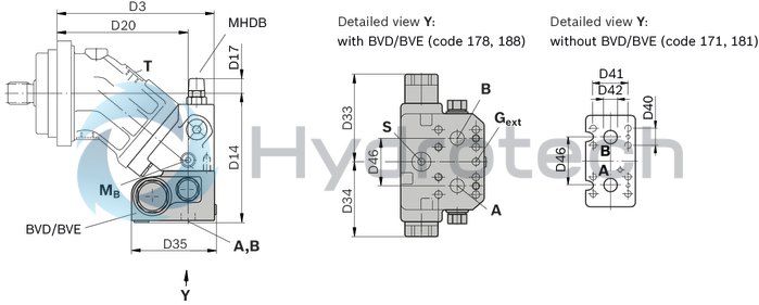 technical illustration-R902160930-Large variety of available nominal sizes allows exact adjustment to the application High power density Very high total efficiency High starting efficiency Working ports SAE flange or thread Optional with integrated pressure relief valve Optional with mounted addifitonal valve: counterbalance valve (BVD/BVE), flushing and boost-pressure valve Bent-axis design
