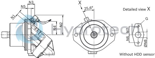 technical illustration-R902160744-Space-saving construction due to recessed mounting flange Easy to install, simply slide into the mechanical gearbox High power density Very high total efficiency High starting efficiency Optional with integrated pressure relief valve Optional with mounted addifitonal valve: counterbalance valve (BVD/BVE), flushing and boost-pressure valve Bent-axis design