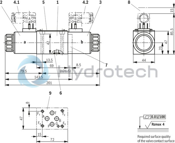 technical illustration-R901358659-Direct operated proportional directional valve without electrical position feedback, with&nbsp;external electronics Control of the direction and magnitude of a flow Operation by means of proportional solenoids with central thread and detachable coil For subplate mounting: Porting pattern according to ISO 4401 Spring-centered control spool
