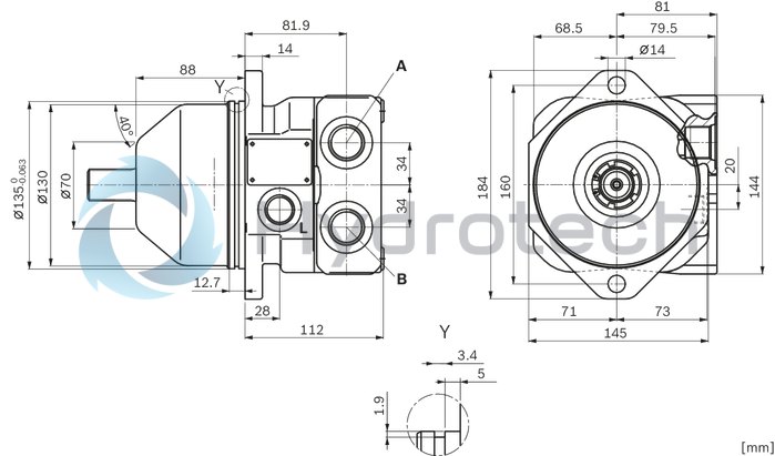 technical illustration-R902504985-Space-saving construction due to recessed mounting flange Approved for high speeds Long service life High power density Low operating noise Optional with integrated anti-cavitation valve, e.g. for fan drives Optional with speed sensor Swashplate design